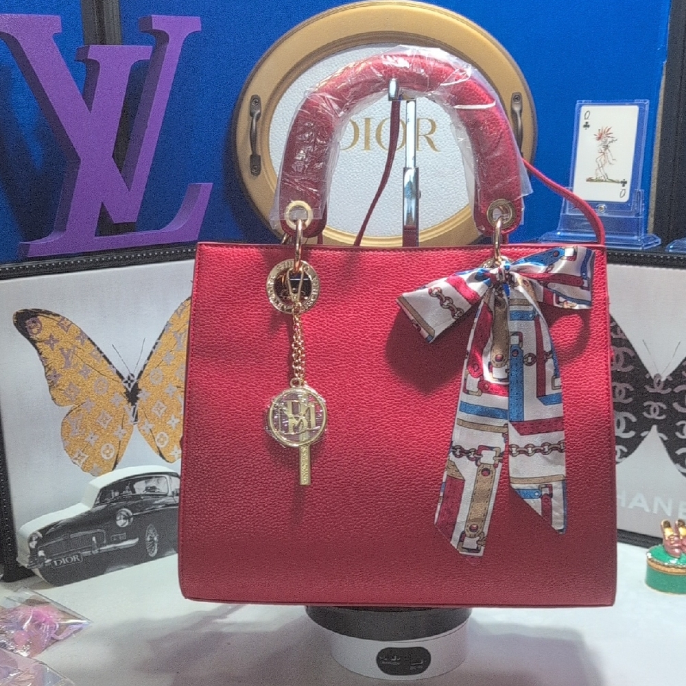 Badgley Mischka STUDIO Red Pebbled Vegan Leather Logo Eyelet Tote/Crossbody NEW!
